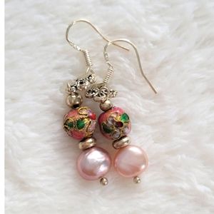 Beautiful Cloisonne and Pink Pearl Earrings